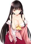  1girl absurdres black_hair breasts cleavage collarbone highres houraisan_kaguya i.f.s.f large_breasts long_hair long_sleeves looking_at_viewer pink_shirt red_eyes red_skirt shirt simple_background skirt solo tongue tongue_out touhou white_background wide_sleeves 
