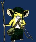  anthro bag belt blue_background clothing epipan_(artist) full-length_portrait fur hat headgear headwear hook looking_at_viewer male mammal mouse mouse_guard murid murine portrait rodent rope simple_background solo standing wooden_staff yellow_body yellow_fur 