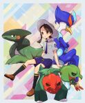  1girl blue_necktie blue_shorts braid brown_hair character_request closed_mouth hat highres juliana_(pokemon) long_hair looking_at_viewer necktie pokemon pokemon_(creature) pokemon_sv shirt short_sleeves shorts sitting smile solo white_headwear white_shirt york0pm 