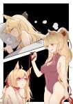  2girls animal_ear_fluff animal_ears arknights aunt_and_niece bare_shoulders blemishine_(arknights) blonde_hair blue_eyes breasts cleavage cleavage_cutout closed_eyes closed_mouth clothing_cutout collar covered_navel dreaming elsi extra_ears highres holding holding_leash holding_whip horse_ears incest large_breasts leash long_hair medium_breasts multiple_girls nude open_mouth parted_lips pillow ponytail sleeping under_covers whislash_(arknights) yuri 