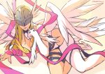  1girl angel_wings angewomon asymmetrical_clothes bare_shoulders belt blonde_hair breasts cleavage covered_eyes digimon digimon_(creature) digimon_adventure elbow_gloves feathered_wings gloves head_wings helmet highres kotatsu_(g-rough) large_breasts long_hair lying multiple_wings on_side shawl signature simple_background smile solo thigh_strap white_gloves winged_helmet wings 