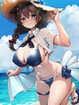  1girl absurdres bikini blue_bikini blue_eyes braid breasts brown_hair cowboy_shot feet foot_out_of_frame hair_flaps hair_over_shoulder hat highres kantai_collection large_breasts long_hair looking_at_viewer nail_polish navel sandals shigure_(kancolle) shigure_kai_san_(kancolle) shirt single_braid smile solo stomach sun_hat swimsuit toenail_polish toenails toes torisan wet wet_clothes wet_shirt 