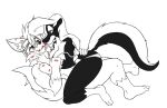  2016 anthro black_body black_fur bottomwear breasts canid canine clothing cuddling duo eyewear female fox fur goggles kiss_mark kissing male mammal mephitid miles_prower monochrome multi_tail sega simple_background skunk sonic_the_hedgehog_(series) stacey_(ews) stacey_skunk tail topwear viroveteruscy white_background white_body white_fur 