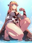  1girl arknights bare_shoulders barefoot blue_eyes blue_nails blue_sky blush braid breasts cloud cloudy_sky commentary_request day eyelashes feet full_body hairband hand_up heel_up highres impossible_clothes knee_up large_breasts light_brown_hair long_hair looking_at_viewer nail_polish navel outdoors paid_reward_available pointy_ears saileach_(arknights) sandals shirt single_sandal sky smile solo squatting thighs toenail_polish toenails toes very_long_hair wading white_shirt yamauchi_(conan-comy) 