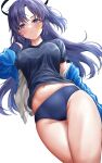  1girl absurdres ass_visible_through_thighs black_shirt blue_archive blue_buruma blue_jacket blush breasts buruma commentary facial_mark gym_uniform halo highres jacket lds_(dstwins97) long_hair looking_at_viewer navel official_alternate_costume ponytail purple_eyes purple_hair revision shirt short_sleeves simple_background solo star_(symbol) sticker_on_face stomach sweatdrop thigh_gap thighs track_jacket white_background yuuka_(blue_archive) yuuka_(gym_uniform)_(blue_archive) 