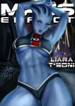  2022 absurd_res alien alien_humanoid asari big_breasts blue_body blue_eyes blue_skin breasts clothing english_text eyebrows eyelashes female fi1csart hands_above_head hands_behind_head hi_res humanoid liara_t&#039;soni lips looking_at_viewer mass_effect navel not_furry panties purple_lips signature solo text topwear under_boob underwear 