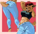  abs absurd_res anthro barefoot bedroom_eyes big_breasts black_clothing black_crop_top black_nose black_shirt black_topwear blue_bottomwear blue_clothing blue_jeans blue_pants bottomwear breasts brown_body brown_eyes brown_fur brown_spots butt cel_shading clara_(ermwhat) clothed clothing colored countershade_feet countershade_torso countershading crop_top denim denim_clothing eyebrows feet female fingerless_(marking) front_view fur furgonomics grin grinning_at_viewer hair hands_behind_head hi_res hip_sway humanoid_feet hyena jeans kingsus looking_at_viewer low-angle_view mammal midriff multicolored_body multicolored_fur multiple_angles multiple_poses muscular muscular_female narrowed_eyes pants pink_background plantigrade pockets pose raised_eyebrow rear_view red_hair seductive shaded sharp_teeth shirt short_hair simple_background smile smiling_at_viewer soles solo spots spotted_body spotted_fur spotted_hyena standing tail tail_clothing tan_body tan_fur teeth topwear two_tone_body two_tone_fur 