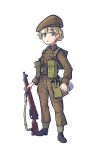 1girl absurdres belt beret black_footwear blonde_hair bolt_action boots breast_pocket british_army brown_headwear brown_jacket brown_pants buttons commentary full_body gaiters green_eyes gun gun_sling hat hat_ornament highres holding holding_gun holding_weapon insignia jacket lee-enfield load_bearing_equipment long_sleeves looking_at_viewer military military_hat military_uniform original pants pocket rifle short_hair soldier solo standing uniform united_kingdom warriordesu weapon world_war_ii 