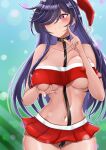  1girl :3 absurdres azur_lane black_choker blush breast_hold breast_press breasts choker christmas closed_mouth collar collarbone dress eesuke_(shin1athke) hat highres large_breasts long_hair naughty_face navel pink_eyes purple_hair purple_nails santa_dress santa_hat sleeveless solo solo_focus trento_(azur_lane) trento_(meta)_(azur_lane) 