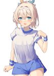  1girl :d absurdres alternate_costume aqua_eyes blonde_hair blue_shorts blush breasts cowboy_shot gym_shirt gym_shorts gym_uniform headband highres hololive kazama_iroha kisara_mikami looking_at_viewer medium_breasts medium_hair open_mouth shirt short_sleeves shorts simple_background smile solo virtual_youtuber white_background white_headband white_shirt wristband 