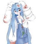  1girl @_@ ahoge animal_ears bandages blood blood_on_clothes blood_stain blue_dress blue_hair buttons cigarette collarbone cowboy_shot dot_nose dress food_print hair_between_eyes highres indie_virtual_youtuber light_blue_hair long_hair looking_at_viewer lop_rabbit_ears noiriririri para_(vtuber) pointing_at_cigarette rabbit_ears red_eyes shirt sidelocks thick_eyebrows tsurime very_long_hair very_long_sleeves virtual_youtuber white_background white_shirt 