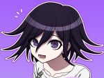  1boy :d black_hair chain danganronpa_(series) danganronpa_v3:_killing_harmony flipped_hair grey_jacket hair_between_eyes highres jacket lower_teeth_only male_focus multicolored_hair no_scarf notice_lines oma_kokichi outline pink_background portrait purple_eyes smile solo suiren_yurei teeth tongue two-tone_hair white_outline 