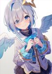 1girl adju_ster amane_kanata amane_kanata_(1st_costume) angel angel_wings armband asymmetrical_bangs asymmetrical_hair black_skirt blue_bow blue_bowtie blue_hair blush bow bowtie closed_mouth colored_inner_hair cropped_jacket feathered_wings frilled_skirt frills gradient_wings grey_hair grey_jacket hair_ornament halo highres hololive jacket long_hair long_sleeves looking_at_viewer miniskirt multicolored_hair multicolored_wings pink_hair purple_eyes sailor_collar shirt short_hair single_hair_intake skirt sleeve_cuffs sleeves_past_wrists smile solo star_halo streaked_hair turtleneck virtual_youtuber white_shirt wide_sleeves wings 