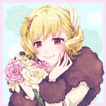  1girl blonde_hair bouquet citrinne_(fire_emblem) closed_mouth earrings feather_hair_ornament feathers fire_emblem fire_emblem_engage fur_trim hair_ornament hand_on_own_face holding holding_bouquet hoop_earrings jewelry mojakkoro official_alternate_costume red_eyes smile solo upper_body 