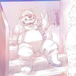  2023 anthro bear belly blush bottomwear clothing detailed_background duo eyes_closed facial_hair furipon hi_res kemono male mammal mustache overweight overweight_male pants shirt sitting solo_focus topwear 