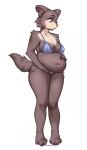 2023 absurd_res anthro beastars belly big_breasts bikini blue_eyes breasts brown_body brown_fur canid canine canis clothed clothing digital_media_(artwork) female fur hand_on_own_belly hi_res holding_belly juno_(beastars) looking_down mammal navel overweight overweight_female slightly_chubby solo spuydjeks swimwear weight_gain wolf 