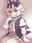  1girl :3 ananna0031 animal_ears blush collared_shirt eastern_wolf_(kemono_friends) fang gloves grey_hair grey_necktie grey_scarf grey_skirt grey_vest hair_between_eyes highres kemono_friends long_sleeves looking_at_viewer multicolored_hair necktie open_clothes open_vest plaid plaid_necktie plaid_skirt pleated_skirt scarf shirt short_hair sidelocks sitting skirt smile solo tail thighhighs two-tone_hair two-tone_scarf vest white_gloves white_hair white_scarf white_shirt white_thighhighs wolf_ears wolf_girl wolf_tail yellow_eyes zettai_ryouiki 