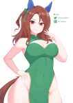  1girl absurdres animal_ears bare_shoulders bow breasts brown_hair china_dress chinese_clothes cleavage commentary_request cowboy_shot dress ear_covers ear_ribbon green_bow green_dress hand_on_own_hip highres horse_ears horse_girl horse_tail king_halo_(umamusume) large_breasts medium_hair pelvic_curtain red_eyes smile solo tail thighs tsubame_tien twitter_username umamusume 