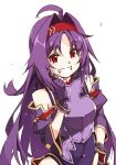  1girl :d ahoge armor bare_shoulders blush clenched_hand covered_navel cowboy_shot detached_sleeves gloves grin hair_intakes hairband hand_on_own_hip headband highres leotard long_hair looking_at_viewer open_mouth purple_gloves purple_hair purple_leotard red_eyes red_hairband shikei simple_background sleeveless smile solo sword_art_online teeth upper_body very_long_hair white_background yuuki_(sao) 