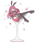  1girl animal_ears anko_omotimoti baobhan_sith_(fate) black_bow black_bowtie boots bow bowtie bridal_gauntlets bunny_day cocktail_glass cup drinking_glass fate/grand_order fate_(series) grey_eyes highres in_container in_cup jacket long_sleeves looking_at_viewer lounging one_eye_closed open_mouth playboy_bunny rabbit_ears red_hair red_jacket simple_background solo sparkle thigh_boots white_background 