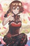  1girl absurdres black_gloves blush brown_eyes brown_hair dress flower gloves highres light_smile meiko_(vocaloid) myomyo0w0 neck_ribbon petals red_dress ribbon short_hair solo vocaloid 