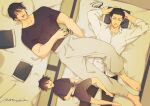  2496oyakodon 3boys arms_behind_head arms_up black_eyes black_hair black_pants black_shirt black_shorts closed_eyes collarbone collared_shirt facial_hair father_and_son full_body fushiguro_megumi fushiguro_touji futon jujutsu_kaisen looking_at_viewer lying male_focus multiple_boys mustache on_back open_mouth pants pillow scar scar_on_face shirt shiu_kong short_hair short_sleeves shorts sleeves_rolled_up white_pants white_shirt 