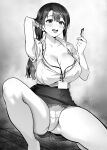  1girl arm_up armpits blush breasts cleavage collarbone collared_shirt commentary_request hand_in_own_hair highres holding holding_pen knee_up large_breasts long_hair monochrome open_mouth original panties pen sage_joh shirt short_sleeves sitting skirt smile solo thighs underwear 