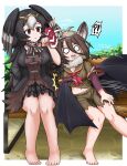  2girls ^^^ adansosutega animal_ears ascot bare_legs barefoot bat_ears bat_girl bat_wings bench bird_wings black_hair border breasts brooch brown_eyes brown_hair cleavage day dress extra_ears frilled_sleeves frills front_ponytail fur_collar grabbing grey_hair hair_between_eyes head_wings highres hilgendorf&#039;s_tube-nose_bat_(kemono_friends) jewelry kemono_friends knees_together_feet_apart layered_sleeves leaning_to_the_side light_smile long_hair long_sleeves looking_at_another mask mask_on_head midriff_peek motion_lines multicolored_hair multiple_girls multiple_wings navel o_o on_bench open_mouth outdoors outside_border park_bench parted_lips pulling shirt short_dress short_over_long_sleeves short_sleeves side-by-side sitting_on_bench skirt stomach striated_caracara_(kemono_friends) surprised sweat tengu_mask toes torn_clothes torn_shirt torn_skirt two-tone_hair v-shaped_eyebrows very_long_hair white_border wide_sleeves wings 
