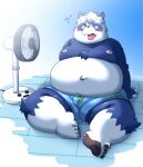 2023 absurd_res anthro bear belly big_belly black_nose blue_body blush bulge debudave_12 electric_fan feet giant_panda hi_res humanoid_hands kemono male mammal moobs nipples overweight overweight_male sitting solo tongue tongue_out white_body 