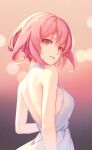  1girl absurdres backless_dress backless_outfit bai_ou_(crazy_ones) bare_shoulders breasts crazy_ones dress gradient_background highres looking_at_viewer medium_breasts official_art pink_eyes pink_hair short_hair sleeveless sleeveless_dress upper_body white_dress 