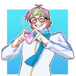  1boy bish coby_(one_piece) facing_viewer glasses hands_up heart heart_hands highres male_focus marine_uniform_(one_piece) mosasaursun one_piece pink_hair round_eyewear scarf short_hair shy smile solo upper_body 
