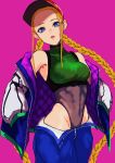  1girl absurdres bare_shoulders blonde_hair blue_eyes braid breasts cammy_white covered_navel forehead hands_in_pockets highres jacket leotard long_hair looking_at_viewer parted_lips pink_background scar scar_on_face simple_background solo street_fighter twin_braids very_long_hair yuu_(primenumber7) 