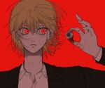  1other androgynous black_suit blonde_hair blood blood_on_hands collared_shirt disembodied_eye eyeball formal hunter_x_hunter kurapika long_sleeves oho0918 red_background red_eyes shirt short_hair simple_background solo suit upper_body white_shirt 