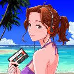  1girl artist_name bare_back bikini blue_eyes brown_hair cassette_tape cloud cloudy_sky english_text from_side fukuyoshi_rokka headphones looking_to_the_side ocean original outdoors palm_tree ponytail purple_bikini shore signature sky solo swimsuit tree upper_body water 