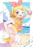  1girl absurdres beach blonde_hair blue_eyes blush fingernails hair_ornament hairclip highres holding holding_innertube innertube kagamine_rin looking_at_viewer miz_(mizillustration) nail_polish neckerchief ocean one_eye_closed open_mouth pink_neckerchief sailor_collar sailor_shirt shirt short_hair sleeveless sleeveless_shirt smile solo teeth upper_teeth_only v vocaloid yellow_nails yellow_sailor_collar 