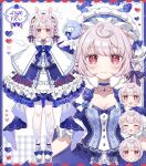  1girl ahoge animal_ear_fluff blue_choker blue_dress bow braid breasts capelet choker cleavage coco7 dress footwear_bow highres indie_virtual_youtuber konoka_tetty medium_hair multiple_views pink_hair red_eyes second-party_source smile twin_braids virtual_youtuber white_capelet white_footwear 