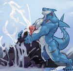  absurd_res anthro balls bodily_fluids city cum erection excessive_cum excessive_genital_fluids fish flooding genital_fluids genitals hi_res humanoid_genitalia humanoid_penis landscape_dwarfing lyga macro male marine mountain muscular muscular_anthro muscular_male penis shark solo sonofea 