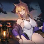  1girl absurdres animal_ear_fluff animal_ears arknights blonde_hair blush breasts cloud cloudy_sky collarbone competition_swimsuit covered_navel dusk hair_between_eyes highres horse_ears horse_girl infection_monitor_(arknights) jacket kingdom_of_kazimierz_logo lantern large_breasts long_hair looking_at_viewer molyb nearl_(arknights) nearl_(shimmering_dew)_(arknights) off_shoulder official_alternate_costume one-piece_swimsuit open_clothes orange_eyes parted_lips sideboob sitting skin_tight sky solo star_(sky) starry_sky swimsuit swimsuit_cover-up thighs white_one-piece_swimsuit 