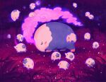  blush_stickers closed_eyes commentary_request evolutionary_line eyelashes from_side glowing grass munna musharna night no_humans outdoors pokemon pokemon_(creature) tree watermark yajuuraku 