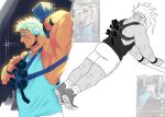  1boy affectionate aqua_tank_top arm_behind_head armpit_hair armpits bara belly black_cat blue_tank_top cat collage exercise facial_hair from_side goatee_stubble headpat highres large_pectorals livio_the_doublefang long_sideburns male_focus mature_male muscular muscular_male mustache_stubble pectorals petting plump reference_inset renny_(renny_rose) short_hair shorts sideburns sidepec sparkle_background stubble tank_top thick_eyebrows tiktok trigun trigun_maximum weightlifting white_hair 