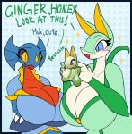 anthro big_breasts blush blush_stickers breasts claws cleavage clothed clothing deep_cleavage dragon duo english_text female fish garchomp generation_4_pokemon generation_5_pokemon ginger_(r-mk) happy hi_res huge_breasts june_greenfield marine nintendo open_mouth plushie pokemon pokemon_(species) r-mk reptile scalie serperior shark snake text 