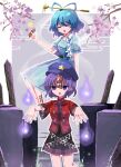  ._(user_kefv7372) 2girls blue_dress blue_eyes blue_hair chinese_clothes chisel dress drill_hair egasumi flower full_moon graveyard hair_rings highres holding jiangshi jiangshi_costume kaku_seiga miyako_yoshika moon multiple_girls ofuda_on_head outdoors puffy_short_sleeves puffy_sleeves purple_hair short_sleeves smile touhou twin_drills 