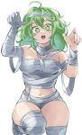  1girl absurdres bandages boku_no_hero_academia claw_pose fengling_(furin-jp) green_eyes green_hair hagakure_tooru halloween_costume hands_up highres long_hair looking_at_viewer messy_hair mummy mummy_costume naked_bandage navel simple_background solo unusually_visible white_background 