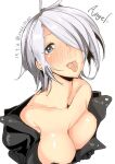  1girl angel_(kof) blue_eyes bra breasts cropped_jacket hair_over_one_eye jacket large_breasts leather leather_jacket looking_at_viewer open_clothes open_jacket rib:y(uhki) short_hair snk strapless the_king_of_fighters tongue tongue_out underwear white_hair 