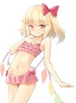  1girl arnest bare_shoulders bikini blonde_hair blush fang fang_out flandre_scarlet frilled_bikini frills hair_ribbon highres navel one_side_up pointy_ears red_eyes ribbon swimsuit touhou wings 