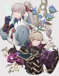  2boys ai_tkkm armor arrow_(projectile) black_armor black_capelet black_gloves blonde_hair blue_flower blue_gloves book bow_(weapon) breastplate brown_eyes capelet commentary cropped_torso fire_emblem fire_emblem_fates floating_hair floral_background flower gloves gold_trim grey_background grey_hair grin hair_between_eyes hair_ribbon highres holding holding_arrow holding_book holding_bow_(weapon) holding_weapon japanese_clothes leo_(fire_emblem) long_hair magic male_focus multiple_boys open_book ponytail purple_eyes red_ribbon ribbon short_hair simple_background smile takumi_(fire_emblem) tiara weapon white_flower 