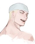  1boy blonde_hair cropped_shoulders disdain enel jitome light_smile long_earlobes looking_to_the_side male_focus nude one_piece open_mouth short_hair sokometi solo thick_eyebrows 
