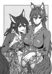  2girls absurdres alternate_costume animal_ears blue_eyes blue_nails border breasts cleavage closed_mouth collarbone cowboy_shot eyeshadow fennec_fox floral_print fox_ears fox_girl fox_shadow_puppet fox_tail green_eyes greyscale hair_between_eyes hair_ornament half_updo highres honkai:_star_rail honkai_(series) kebaya kei_dragonsheaven large_breasts looking_at_viewer makeup medium_breasts monochrome multiple_girls open_mouth polka_dot polka_dot_background red_eyeshadow red_nails short_ponytail sidelocks smile spot_color tail teeth tingyun_(honkai:_star_rail) upper_teeth_only white_border yukong_(honkai:_star_rail) 