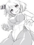 1girl animal_ears blush detached_collar from_below hishi_miracle_(umamusume) horse_ears horse_girl horse_tail looking_at_viewer monochrome nose_blush open_mouth pantyhose pataneet playboy_bunny rabbit_tail short_hair solo tail umamusume wrist_cuffs 