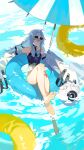  2486130 absurdres ahoge bare_shoulders barefoot beach black_one-piece_swimsuit character_name detached_sleeves eyewear_on_head grey_eyes hair_between_eyes highres lifebuoy long_hair messy_hair no.21_(punishing:_gray_raven) non-humanoid_robot ocean one-piece_swimsuit punishing:_gray_raven robot sleeves_past_fingers sleeves_past_wrists sunglasses swimsuit white_hair white_sleeves 